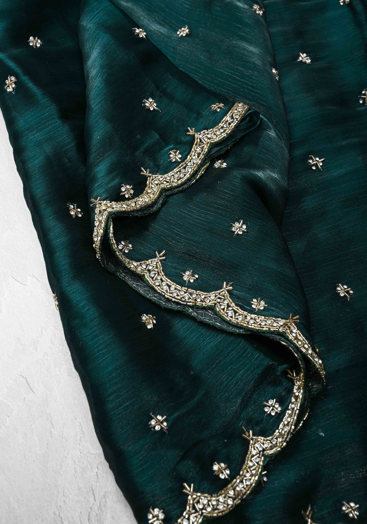 Deep Teal Shimmer Organza Saree with Cutdana, Stone Work and Scallop Border