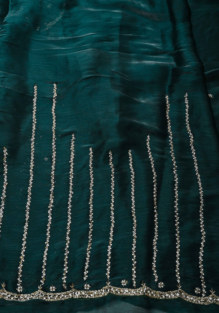 Deep Teal Shimmer Organza Saree with Cutdana, Stone Work and Scallop Border