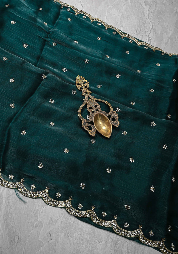 Deep Teal Shimmer Organza Saree with Cutdana, Stone Work and Scallop Border