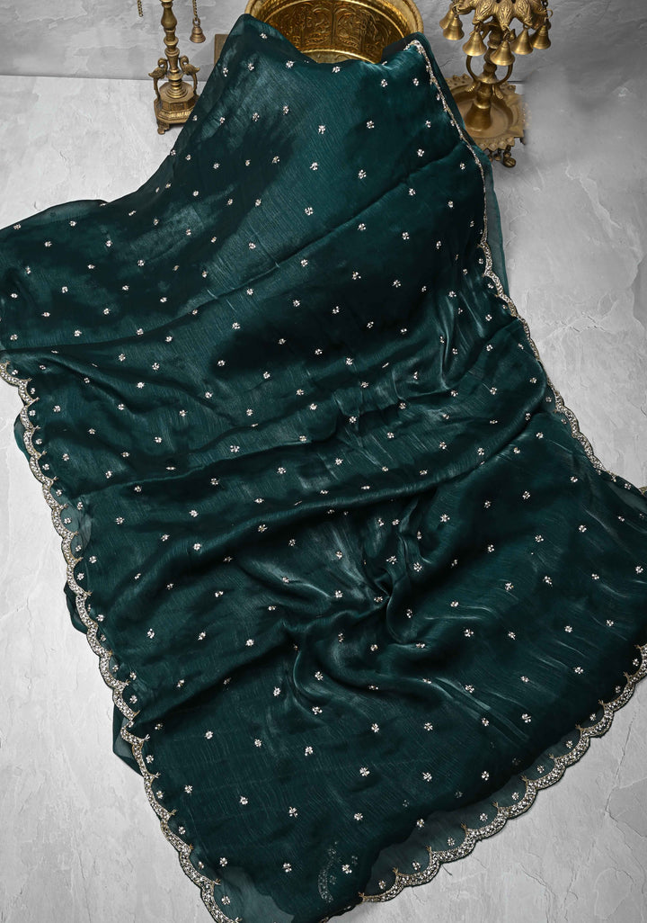 Deep Teal Shimmer Organza Saree with Cutdana, Stone Work and Scallop Border