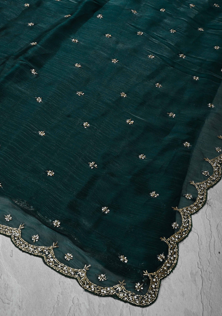 Deep Teal Shimmer Organza Saree with Cutdana, Stone Work and Scallop Border