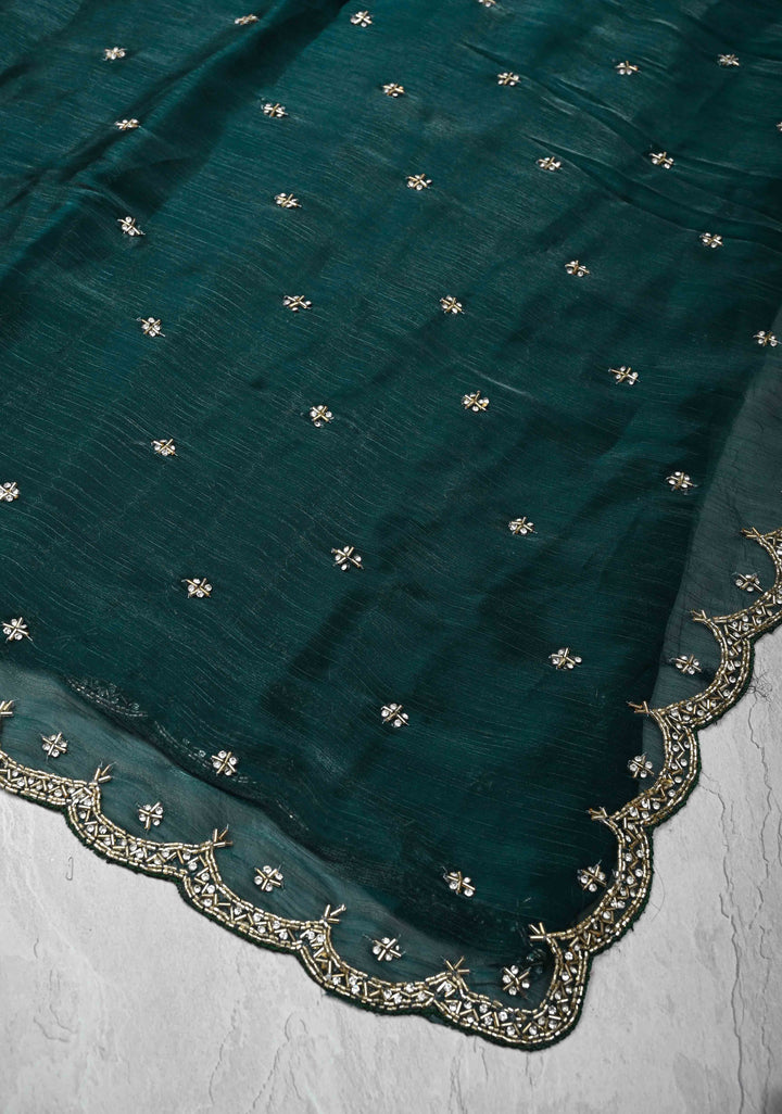 Deep Teal Shimmer Organza Saree with Cutdana, Stone Work and Scallop Border