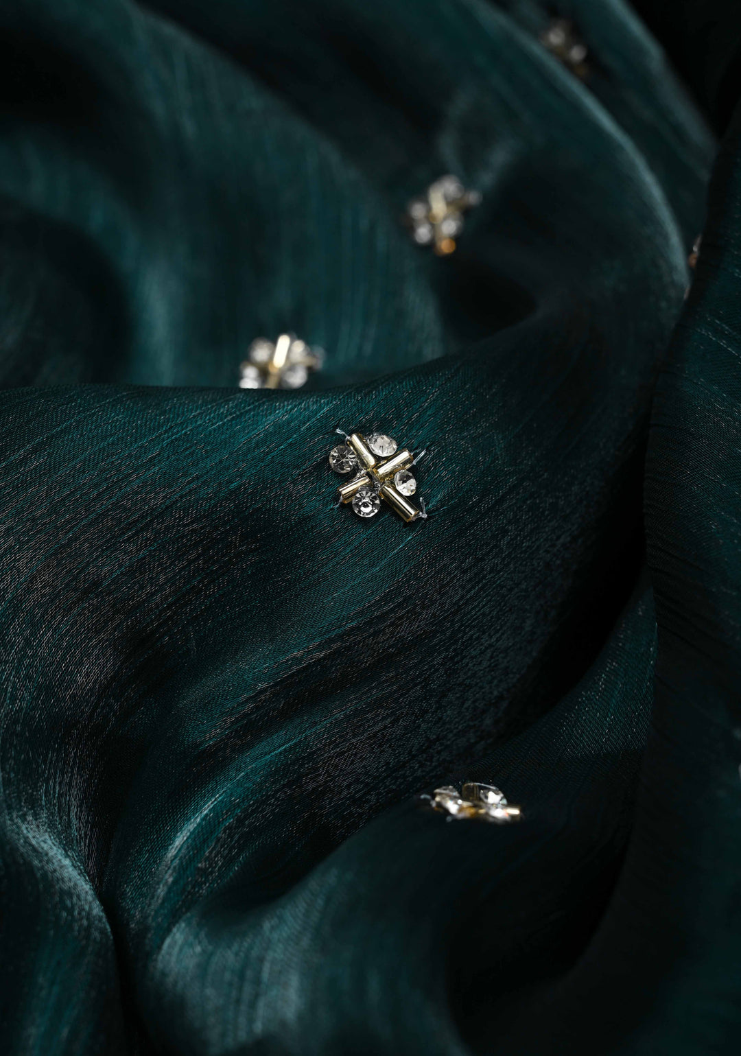 Deep Teal Shimmer Organza Saree with Cutdana, Stone Work and Scallop Border