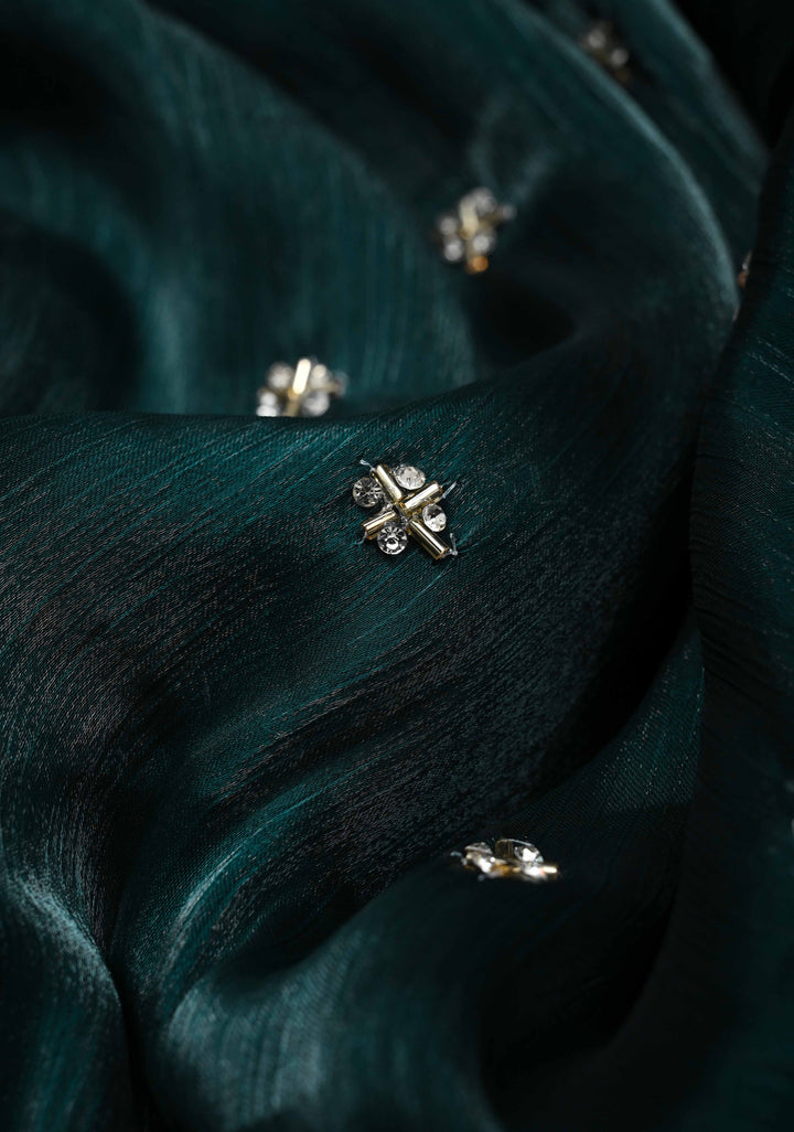 Deep Teal Shimmer Organza Saree with Cutdana, Stone Work and Scallop Border