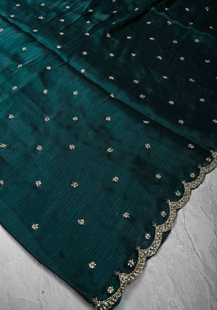 Deep Teal Shimmer Organza Saree with Cutdana, Stone Work and Scallop Border