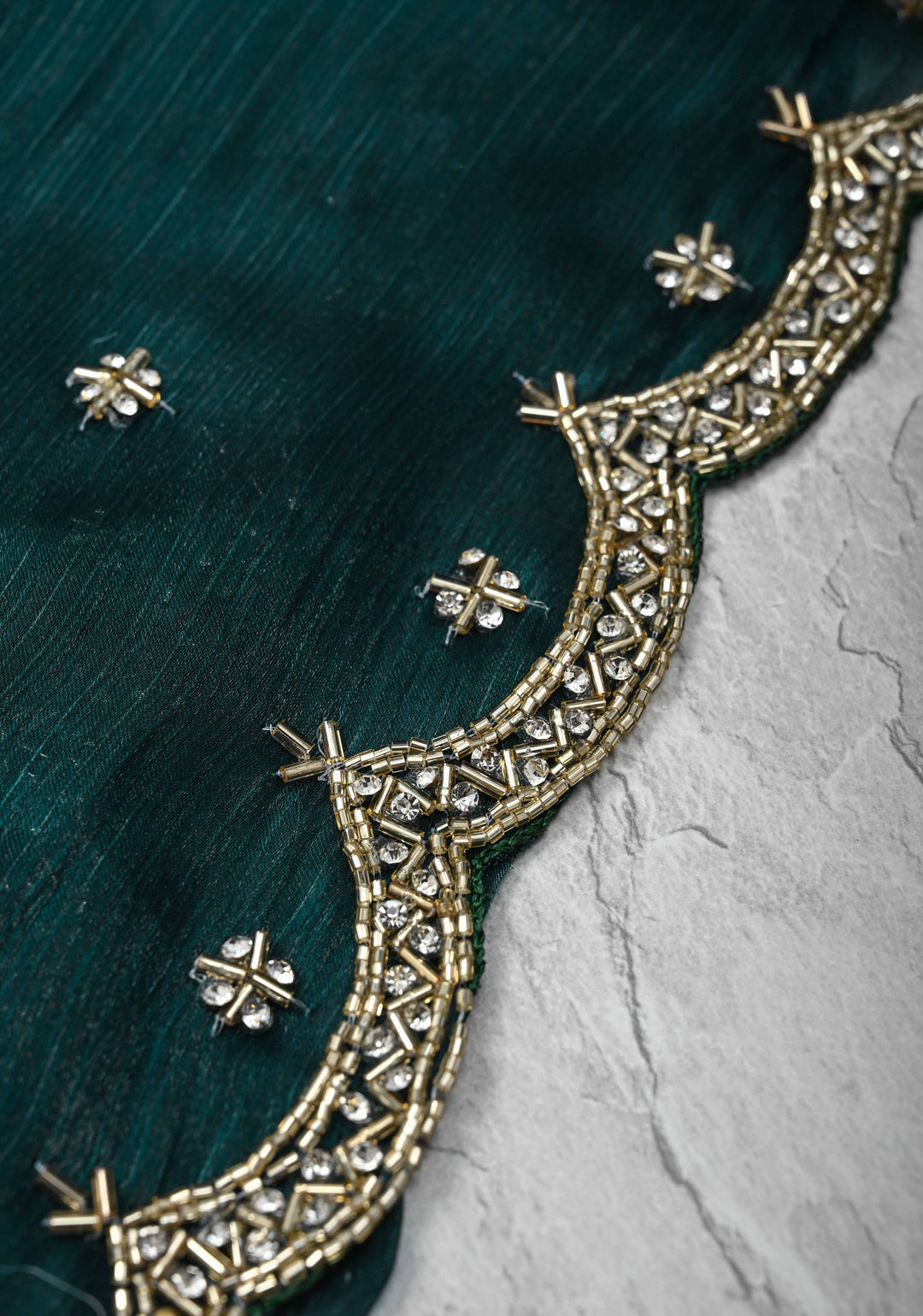 Deep Teal Shimmer Organza Saree with Cutdana, Stone Work and Scallop Border