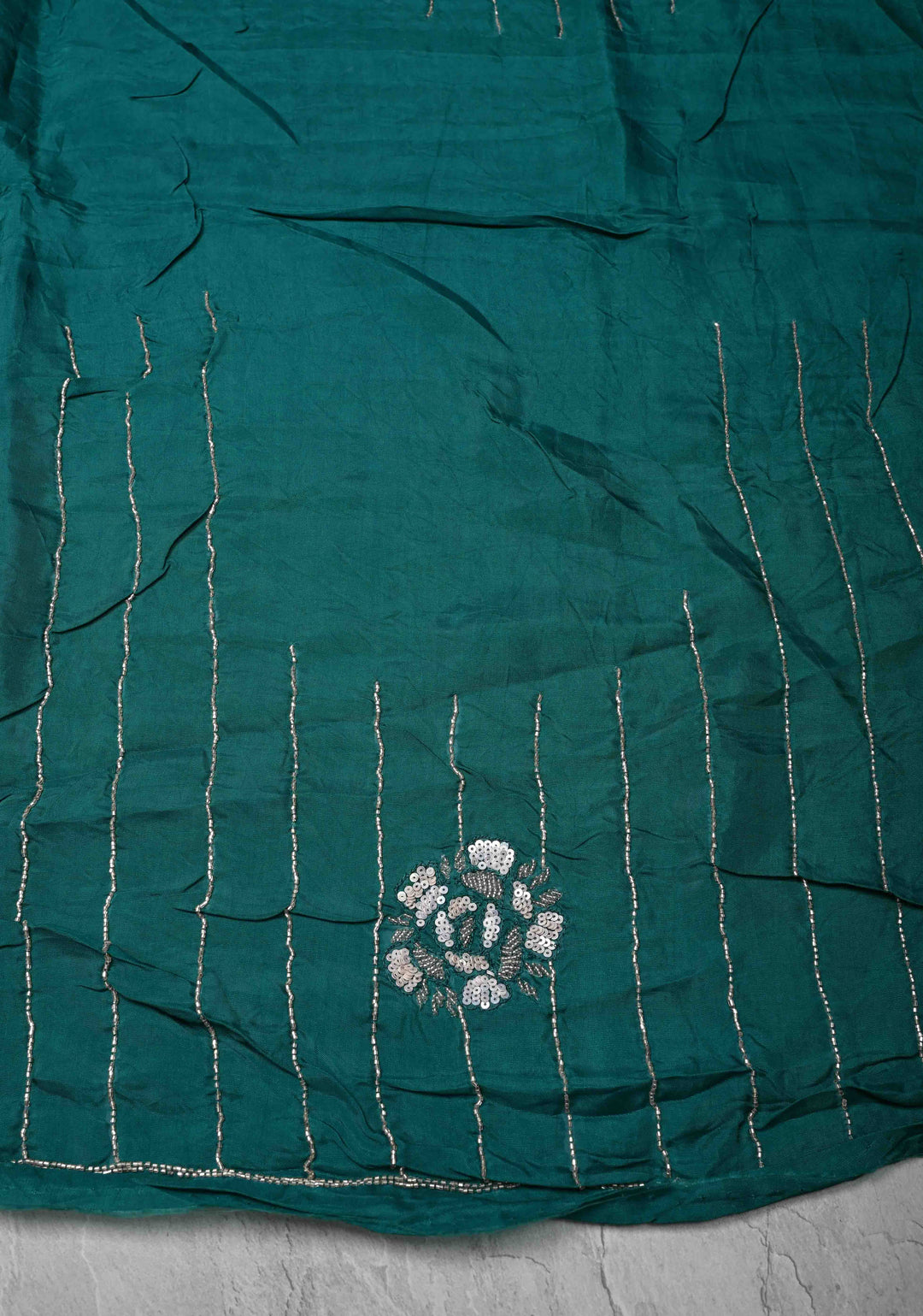 Peacock Green Organza Saree with sequins, cutdana, Moti Machine Embroidery and Scallop Border