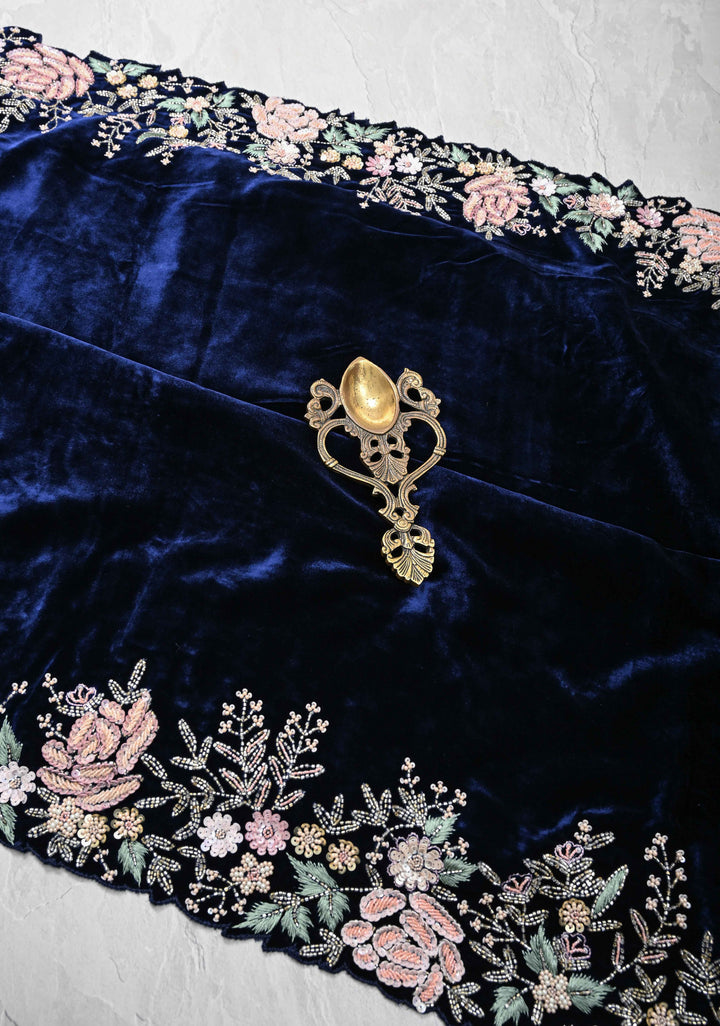 Midnight Blue Half Velvet and Half Organza Saree with Sequins, cutdana, Moti Embroidery and Scallop Border