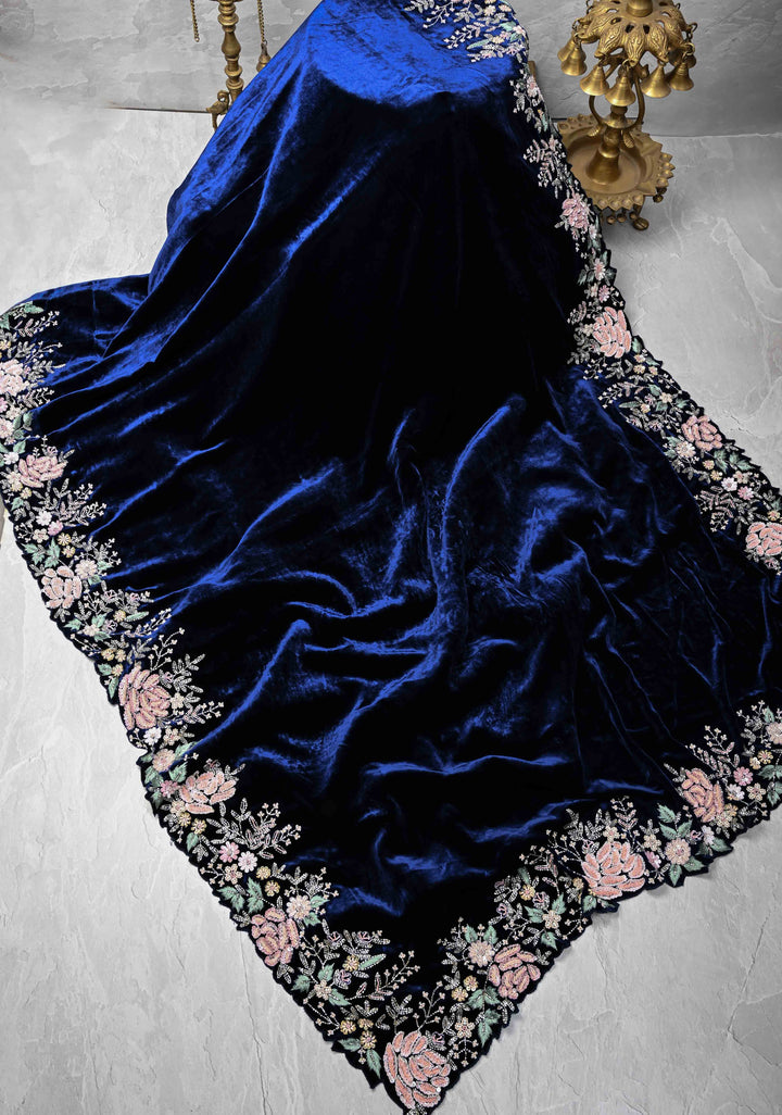 Midnight Blue Half Velvet and Half Organza Saree with Sequins, cutdana, Moti Embroidery and Scallop Border