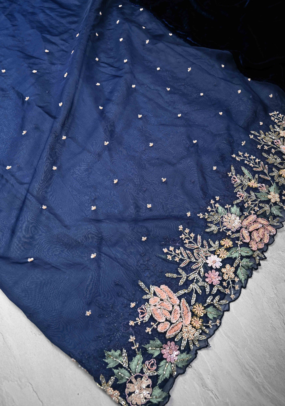 Midnight Blue Half Velvet and Half Organza Saree with Sequins, cutdana, Moti Embroidery and Scallop Border