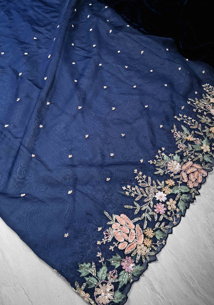 Midnight Blue Half Velvet and Half Organza Saree with Sequins, cutdana, Moti Embroidery and Scallop Border