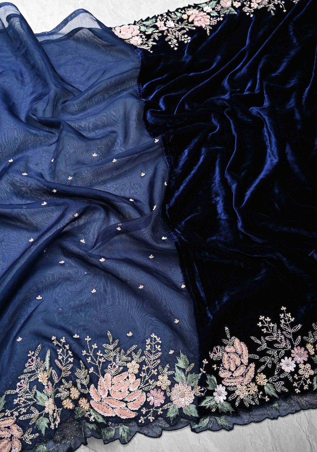 Midnight Blue Half Velvet and Half Organza Saree with Sequins, cutdana, Moti Embroidery and Scallop Border
