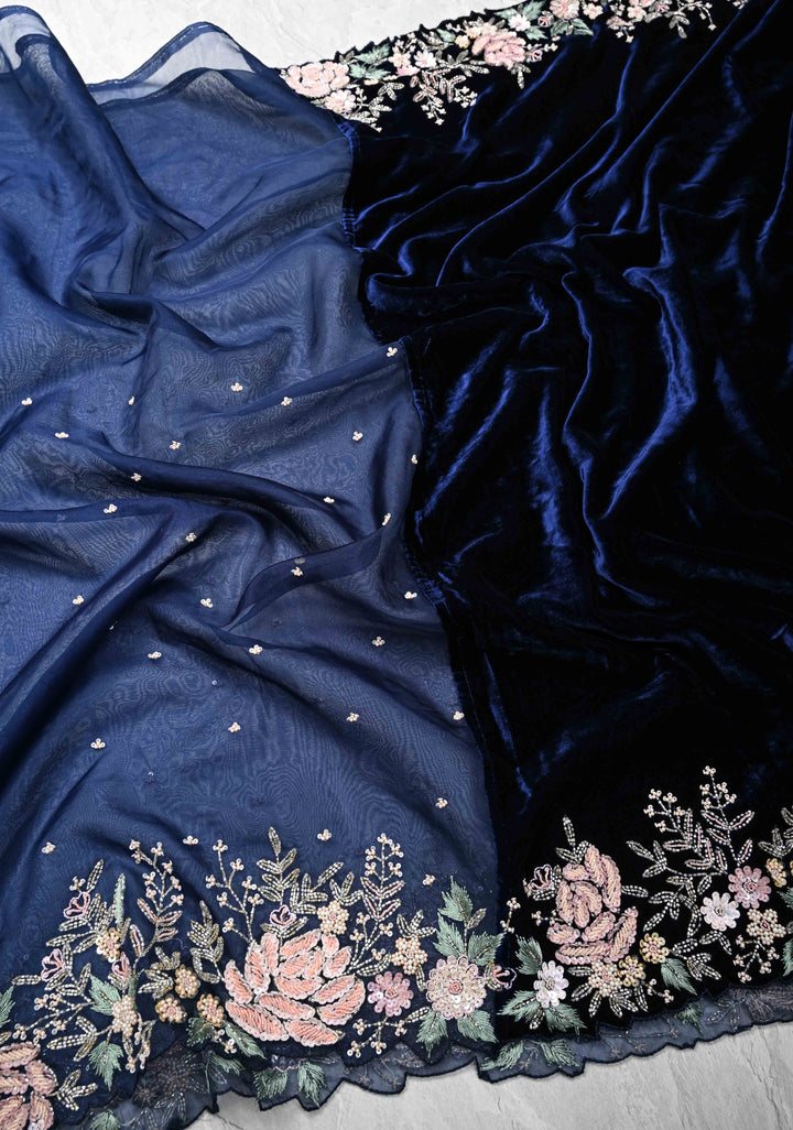 Midnight Blue Half Velvet and Half Organza Saree with Sequins, cutdana, Moti Embroidery and Scallop Border