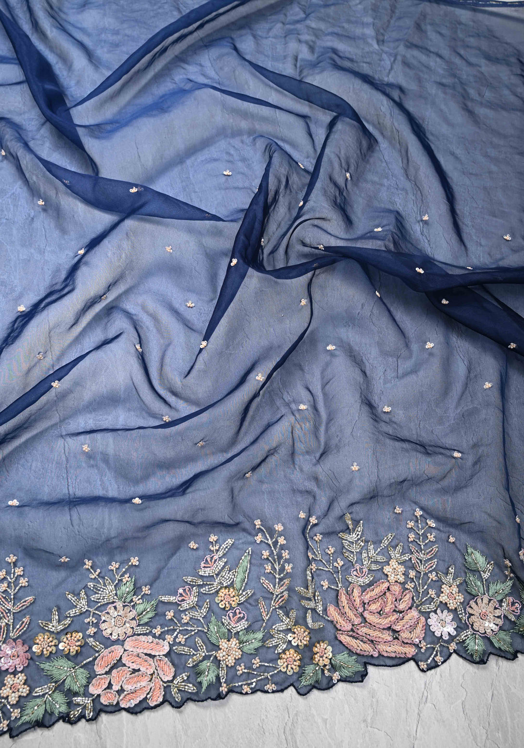 Midnight Blue Half Velvet and Half Organza Saree with Sequins, cutdana, Moti Embroidery and Scallop Border