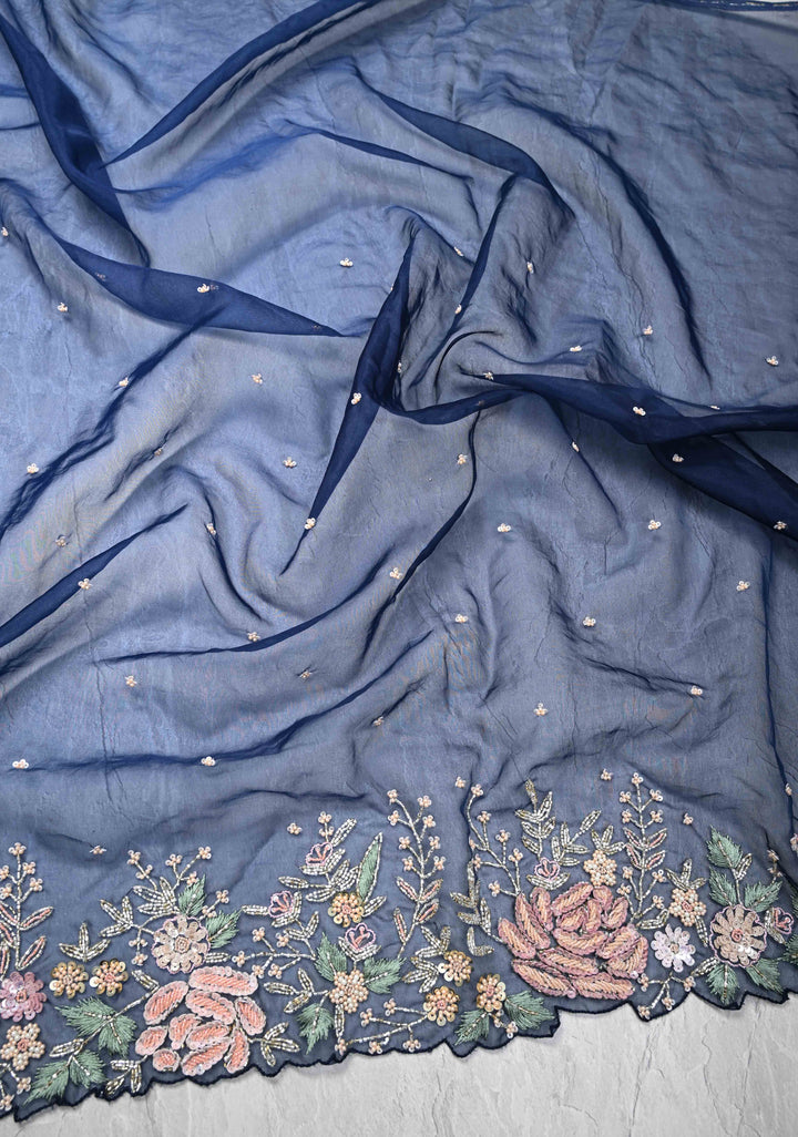 Midnight Blue Half Velvet and Half Organza Saree with Sequins, cutdana, Moti Embroidery and Scallop Border