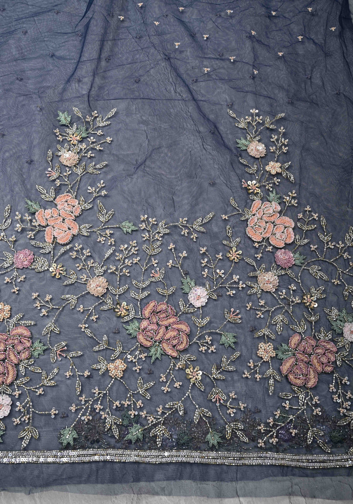 Midnight Blue Half Velvet and Half Organza Saree with Sequins, cutdana, Moti Embroidery and Scallop Border