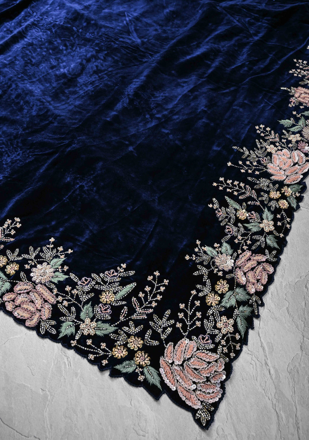 Midnight Blue Half Velvet and Half Organza Saree with Sequins, cutdana, Moti Embroidery and Scallop Border