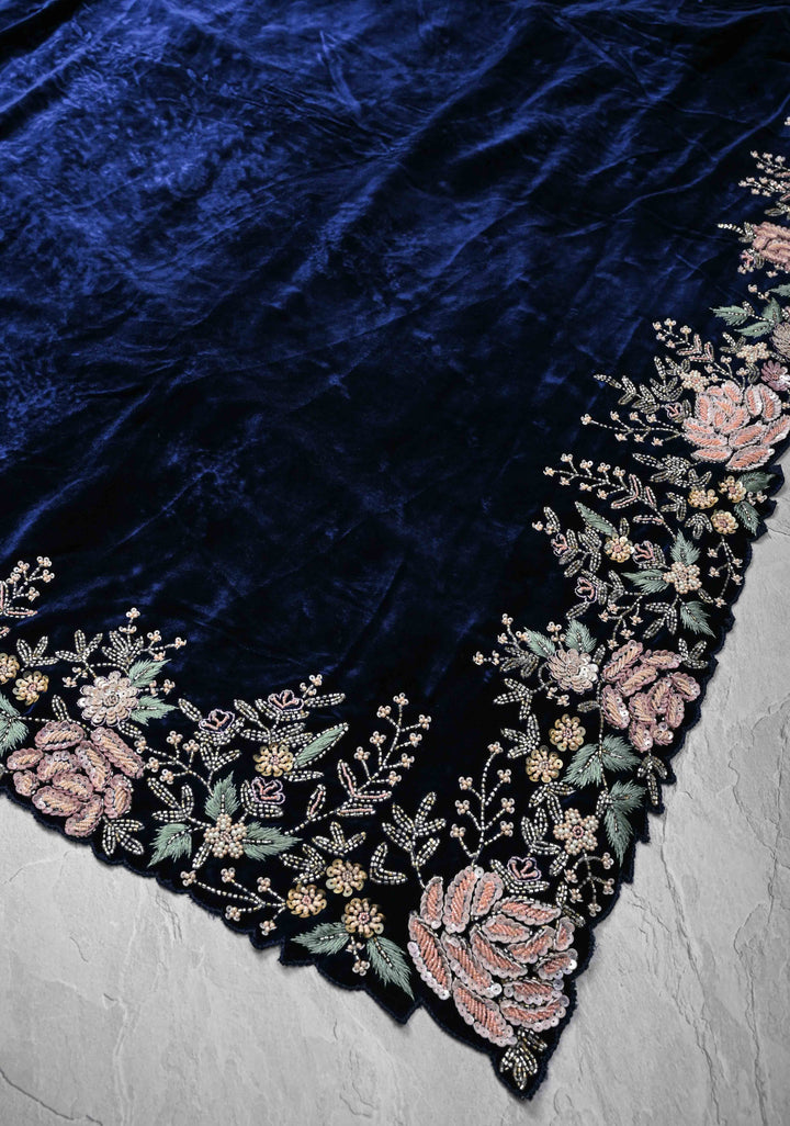 Midnight Blue Half Velvet and Half Organza Saree with Sequins, cutdana, Moti Embroidery and Scallop Border