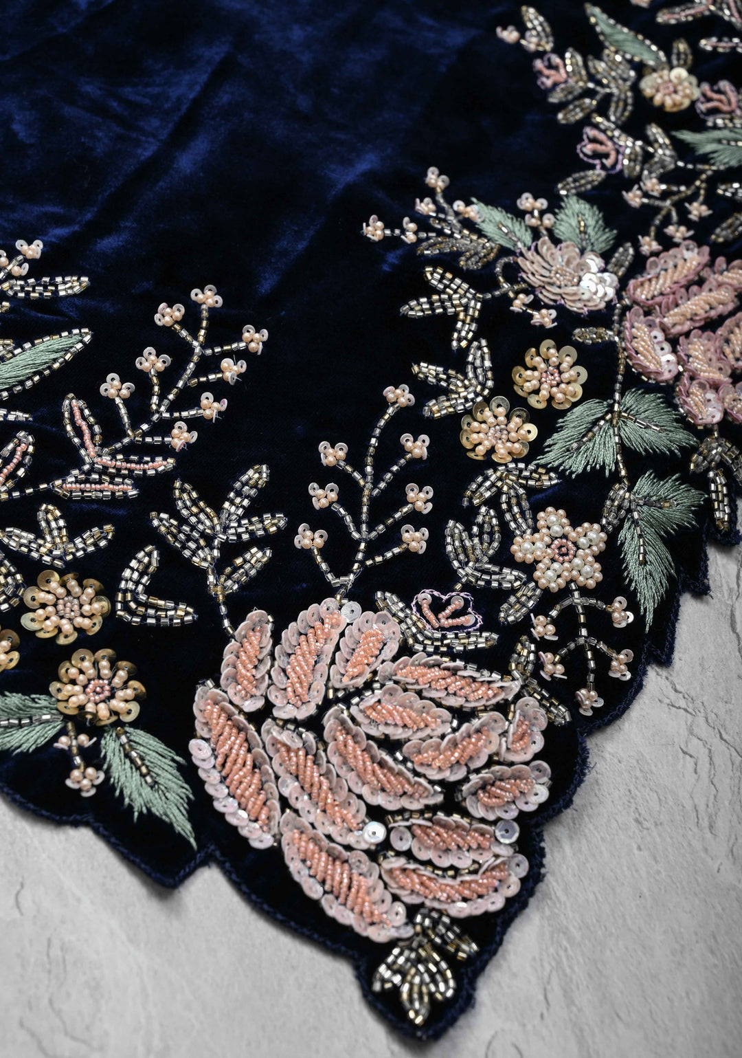 Midnight Blue Half Velvet and Half Organza Saree with Sequins, cutdana, Moti Embroidery and Scallop Border