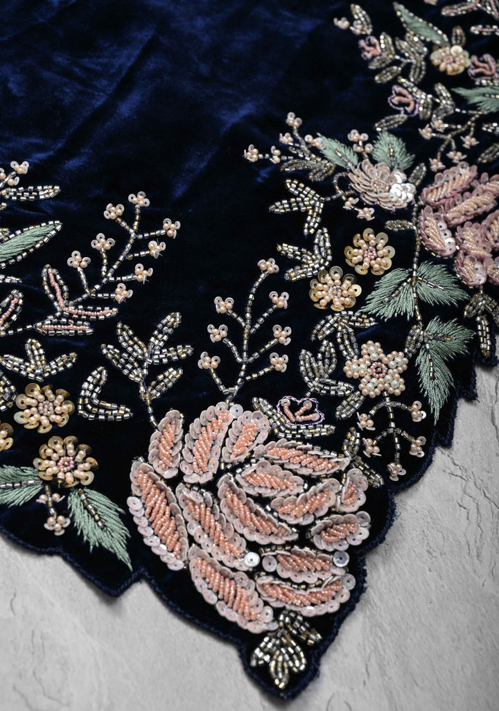 Midnight Blue Half Velvet and Half Organza Saree with Sequins, cutdana, Moti Embroidery and Scallop Border