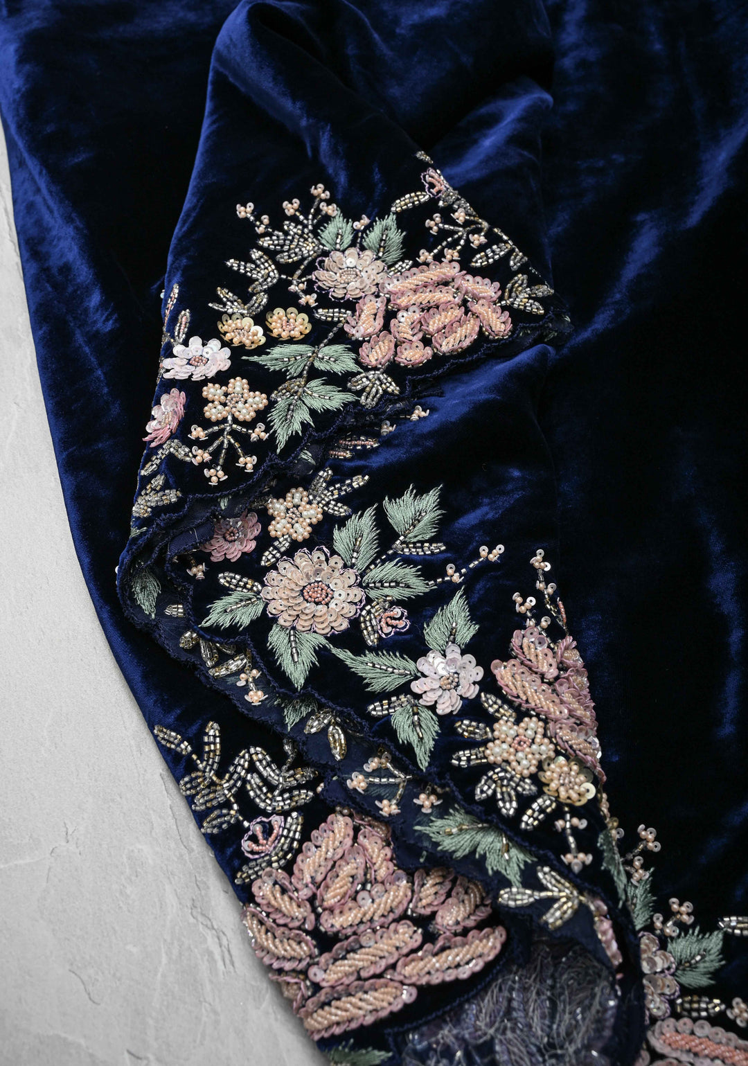 Midnight Blue Half Velvet and Half Organza Saree with Sequins, cutdana, Moti Embroidery and Scallop Border