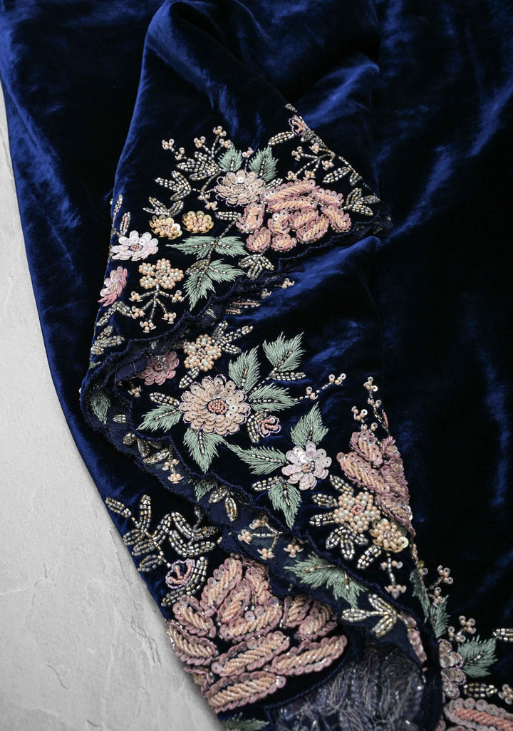 Midnight Blue Half Velvet and Half Organza Saree with Sequins, cutdana, Moti Embroidery and Scallop Border
