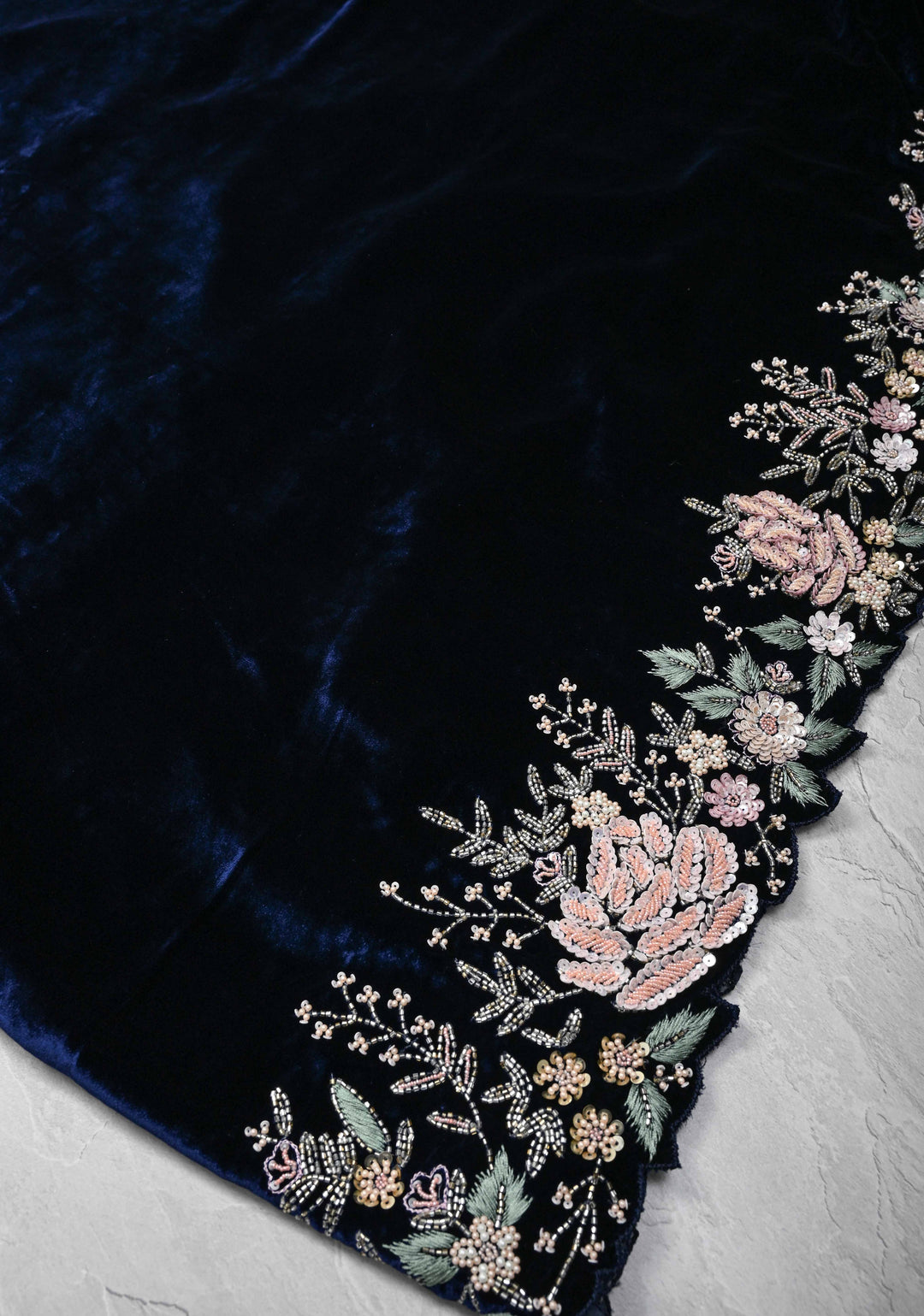Midnight Blue Half Velvet and Half Organza Saree with Sequins, cutdana, Moti Embroidery and Scallop Border