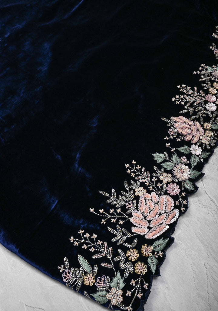 Midnight Blue Half Velvet and Half Organza Saree with Sequins, cutdana, Moti Embroidery and Scallop Border