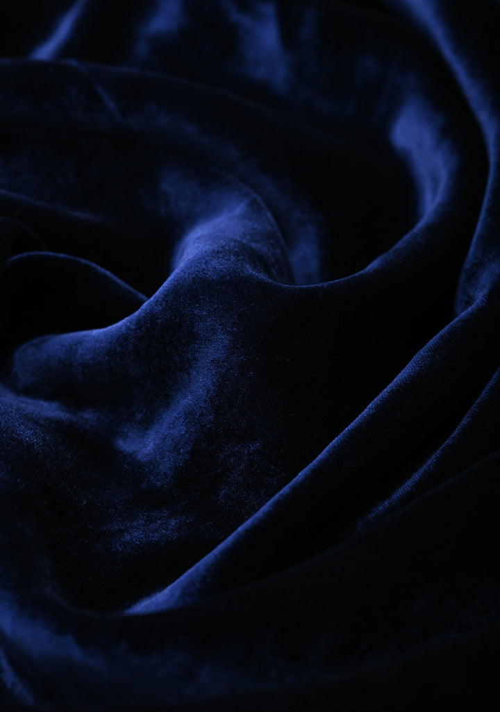 Midnight Blue Half Velvet and Half Organza Saree with Sequins, cutdana, Moti Embroidery and Scallop Border