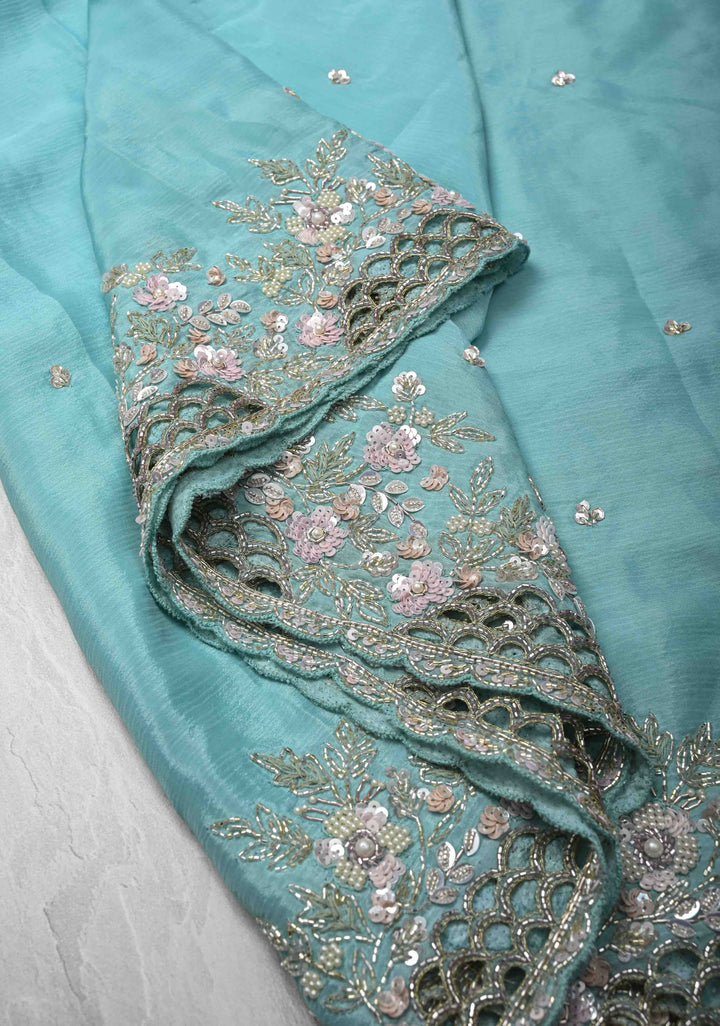Sky Blue Floral Jaal on Crushed Georgette Saree with Sequins, Cutwork border, Moti Embellishment and Scallop Border