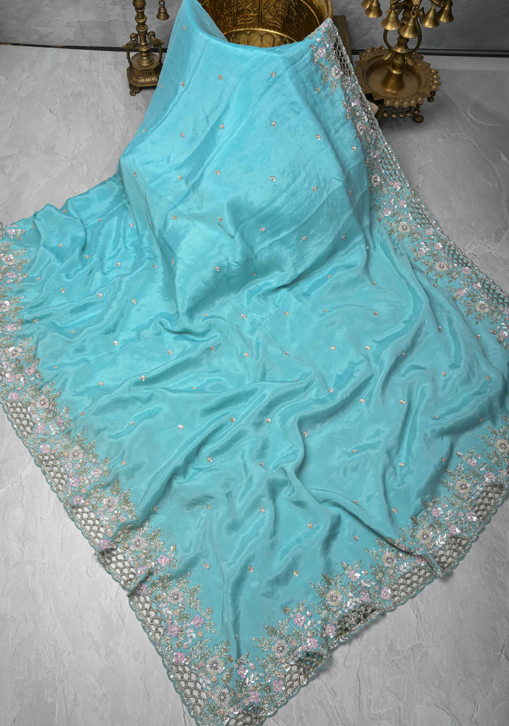 Sky Blue Floral Jaal on Crushed Georgette Saree with Sequins, Cutwork border, Moti Embellishment and Scallop Border