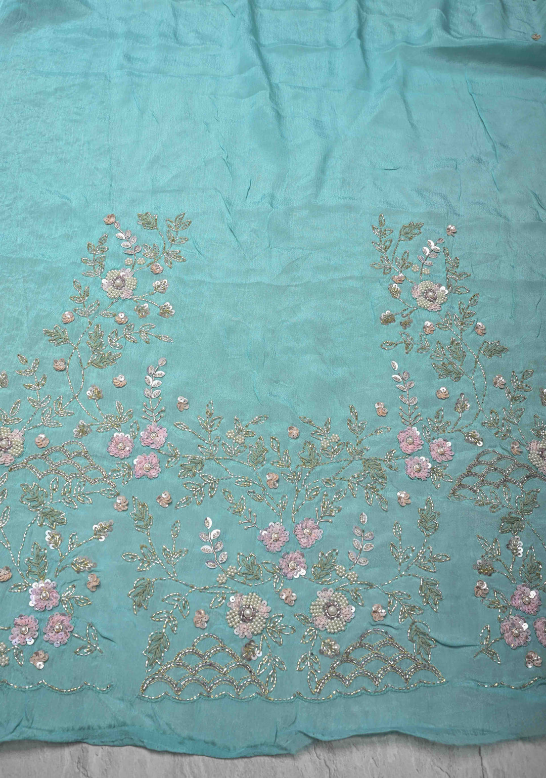 Sky Blue Floral Jaal on Crushed Georgette Saree with Sequins, Cutwork border, Moti Embellishment and Scallop Border