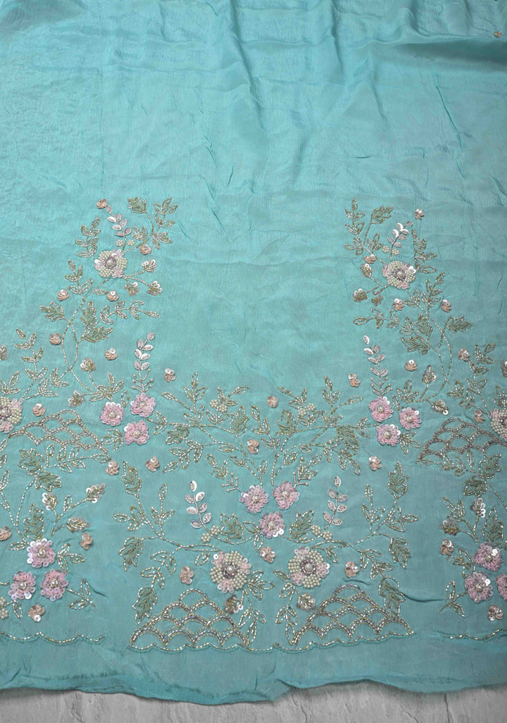 Sky Blue Floral Jaal on Crushed Georgette Saree with Sequins, Cutwork border, Moti Embellishment and Scallop Border