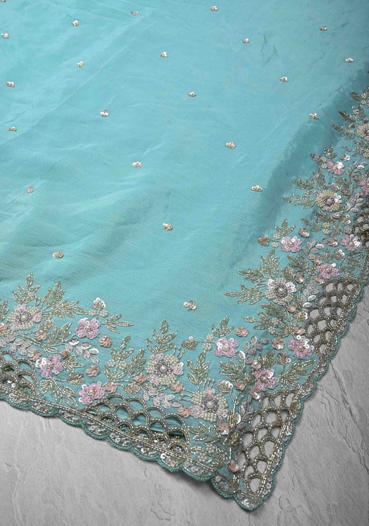 Sky Blue Floral Jaal on Crushed Georgette Saree with Sequins, Cutwork border, Moti Embellishment and Scallop Border