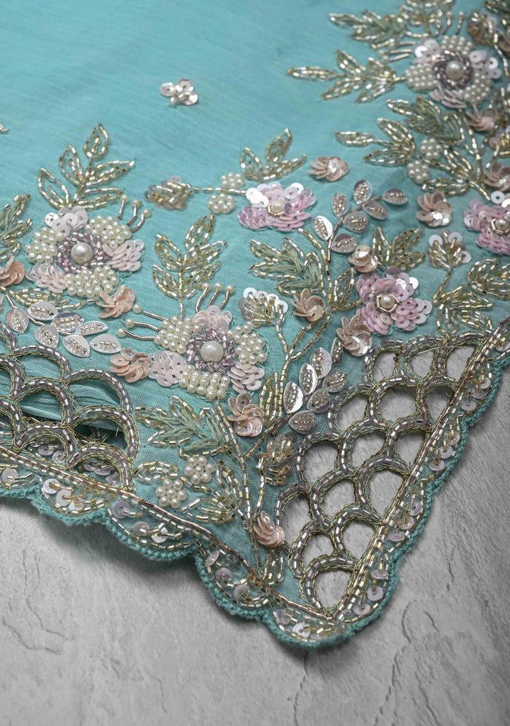 Sky Blue Floral Jaal on Crushed Georgette Saree with Sequins, Cutwork border, Moti Embellishment and Scallop Border