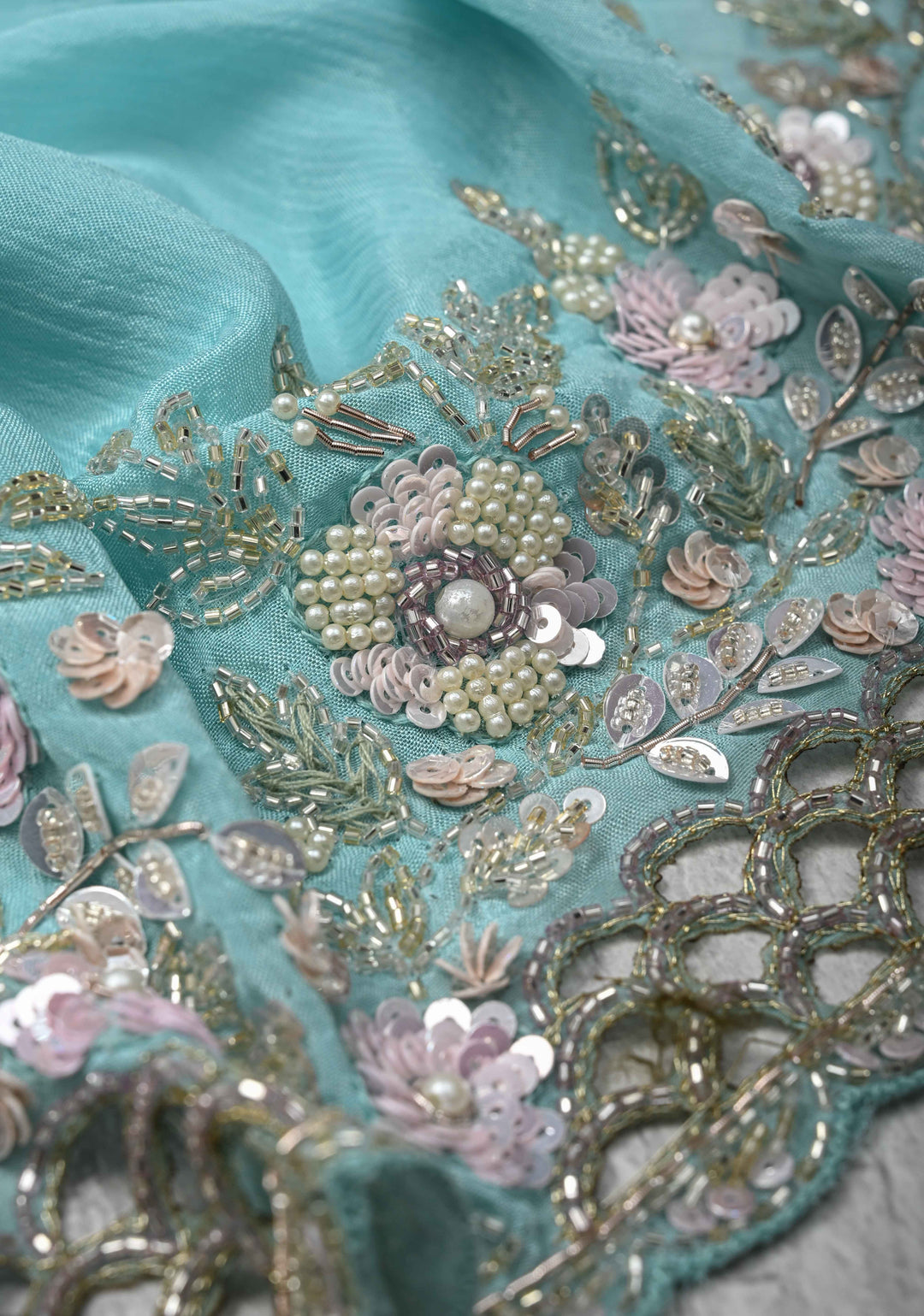 Sky Blue Floral Jaal on Crushed Georgette Saree with Sequins, Cutwork border, Moti Embellishment and Scallop Border