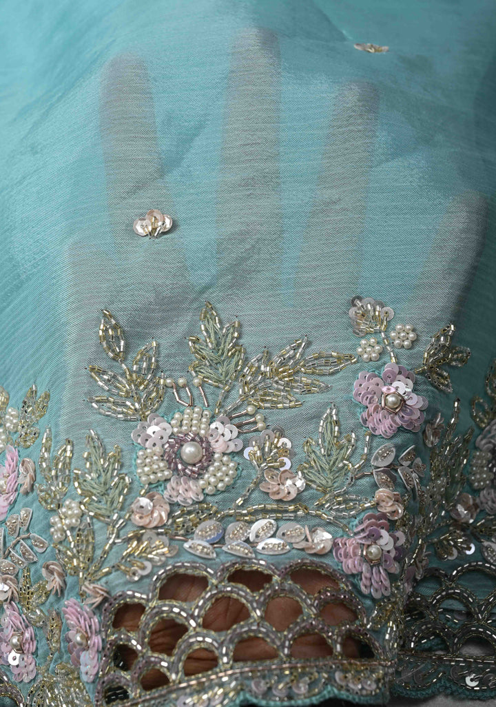 Sky Blue Floral Jaal on Crushed Georgette Saree with Sequins, Cutwork border, Moti Embellishment and Scallop Border