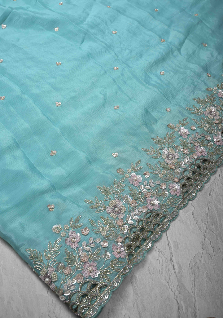 Sky Blue Floral Jaal on Crushed Georgette Saree with Sequins, Cutwork border, Moti Embellishment and Scallop Border