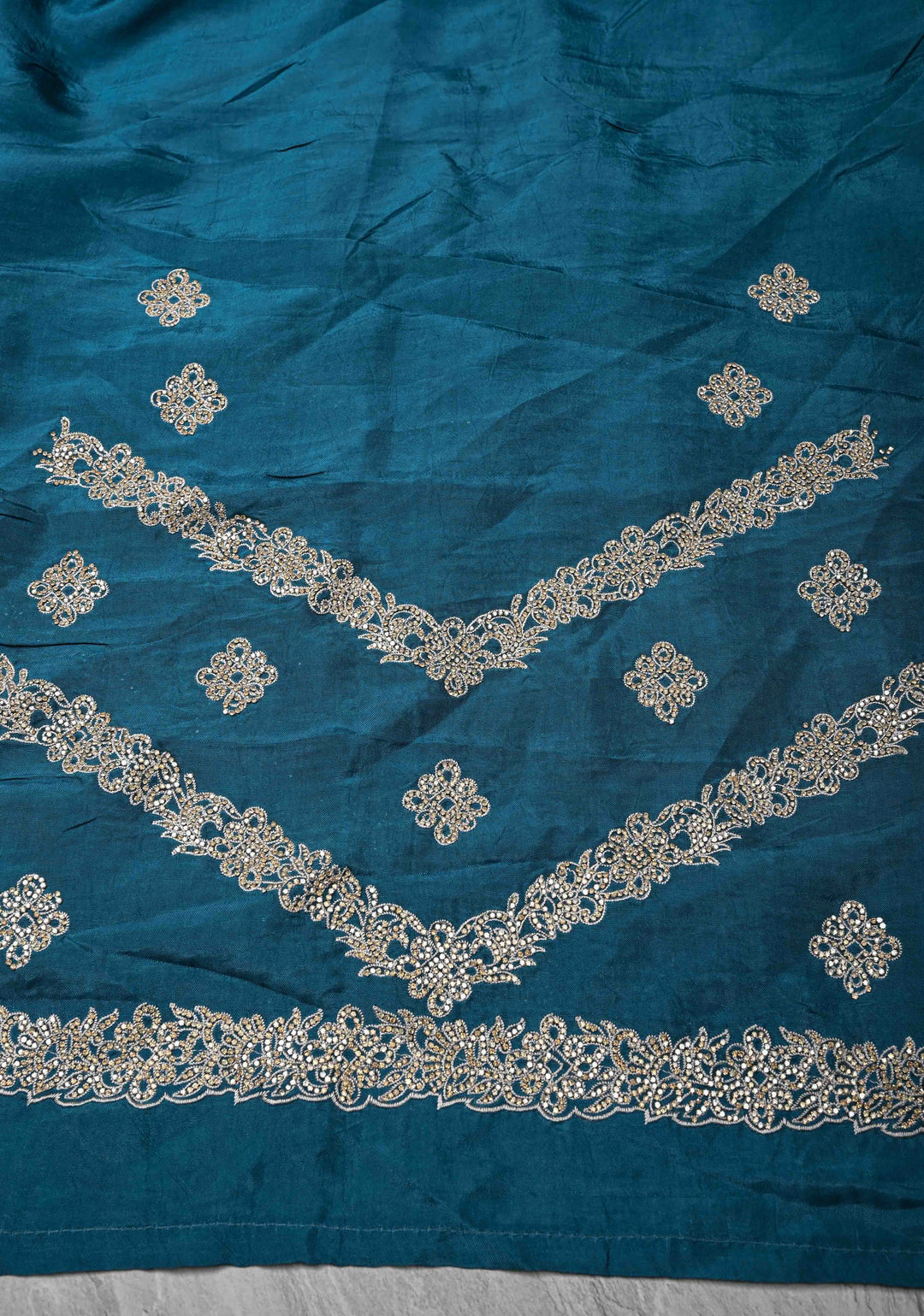 Prussian Blue Chevron Design on Organza Saree with Stone and Machine Cut work | SILK MARK CERTIFIED