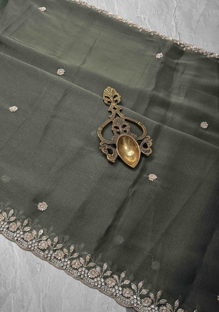 Grayish-Green Shimmer Organza Saree with Sequins, Cutdana Work and Scallop Border