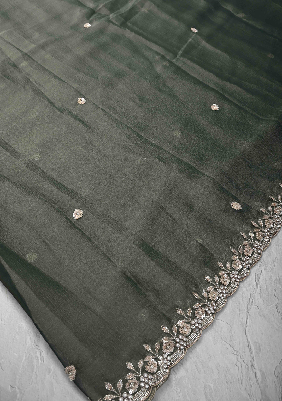 Grayish-Green Shimmer Organza Saree with Sequins, Cutdana Work and Scallop Border