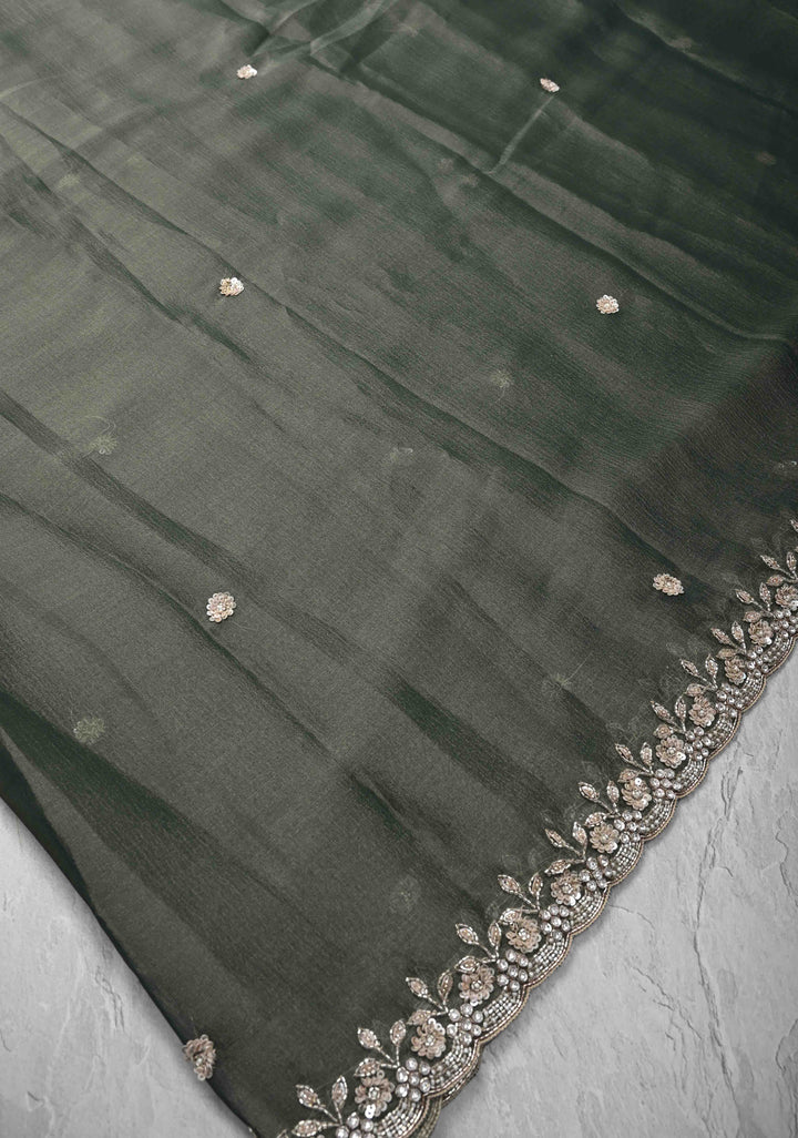 Grayish-Green Shimmer Organza Saree with Sequins, Cutdana Work and Scallop Border
