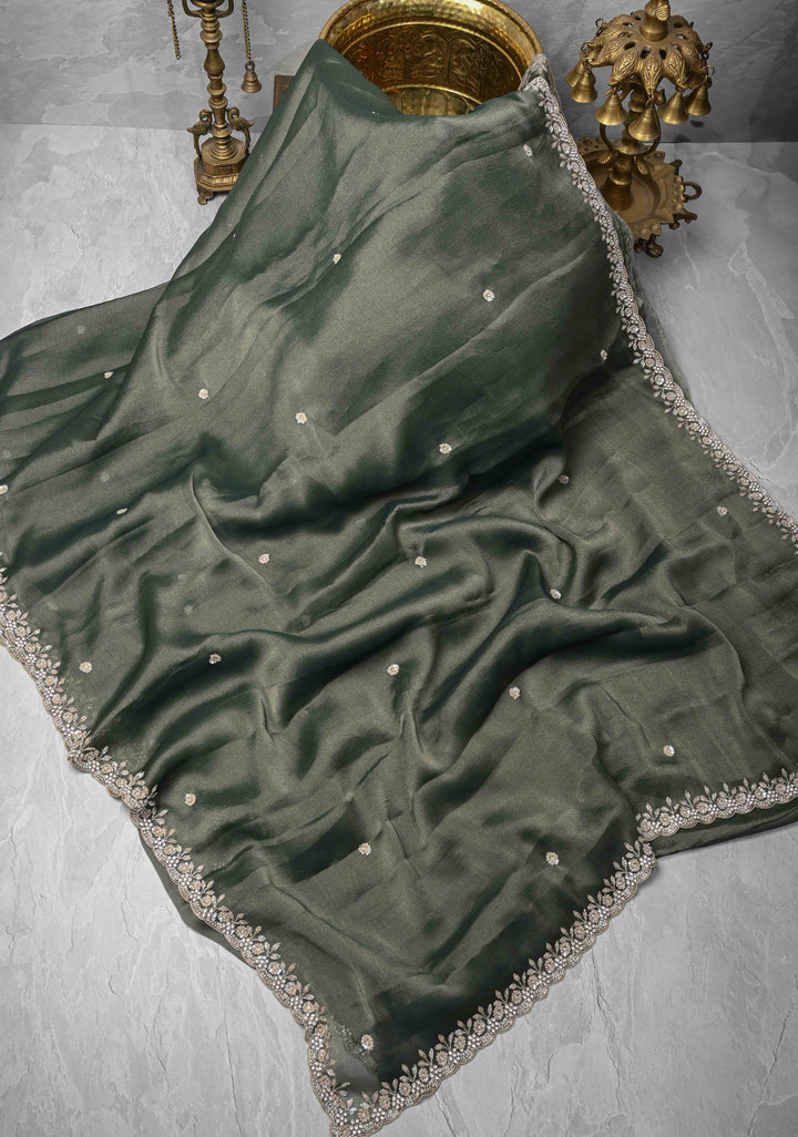 Grayish-Green Shimmer Organza Saree with Sequins, Cutdana Work and Scallop Border