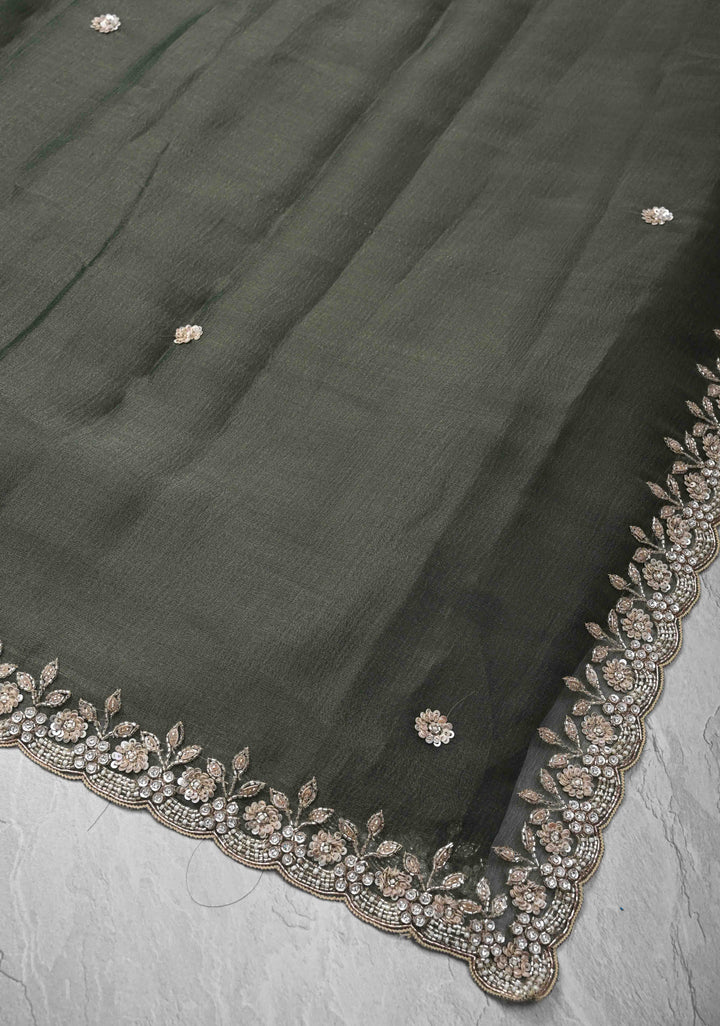 Grayish-Green Shimmer Organza Saree with Sequins, Cutdana Work and Scallop Border