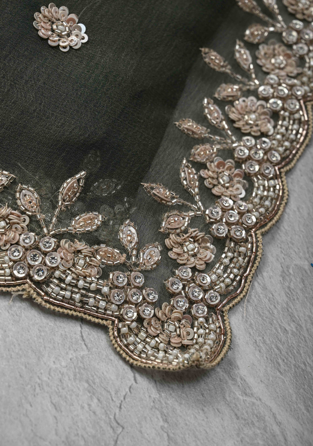 Grayish-Green Shimmer Organza Saree with Sequins, Cutdana Work and Scallop Border