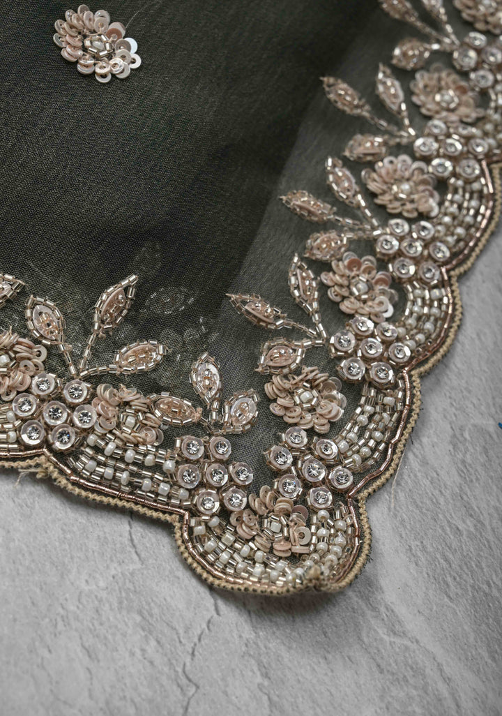 Grayish-Green Shimmer Organza Saree with Sequins, Cutdana Work and Scallop Border