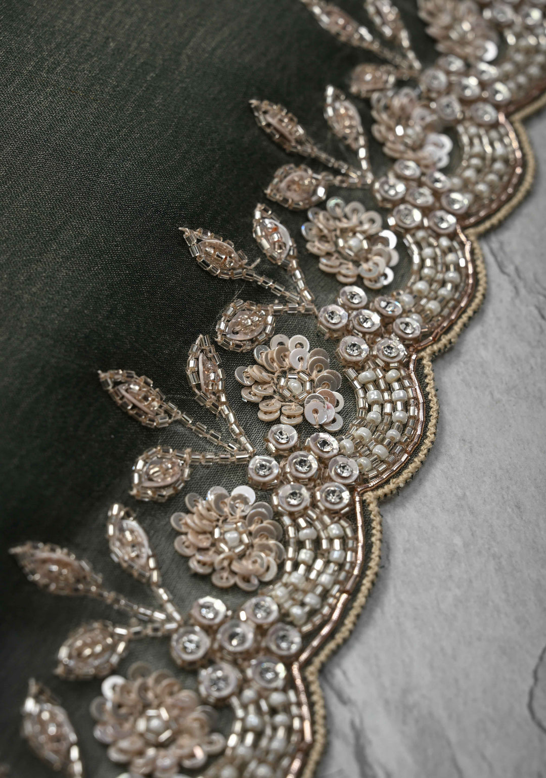Grayish-Green Shimmer Organza Saree with Sequins, Cutdana Work and Scallop Border