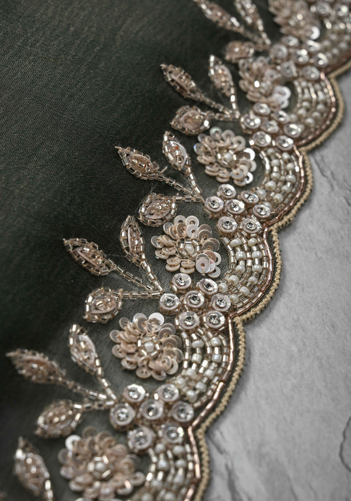 Grayish-Green Shimmer Organza Saree with Sequins, Cutdana Work and Scallop Border