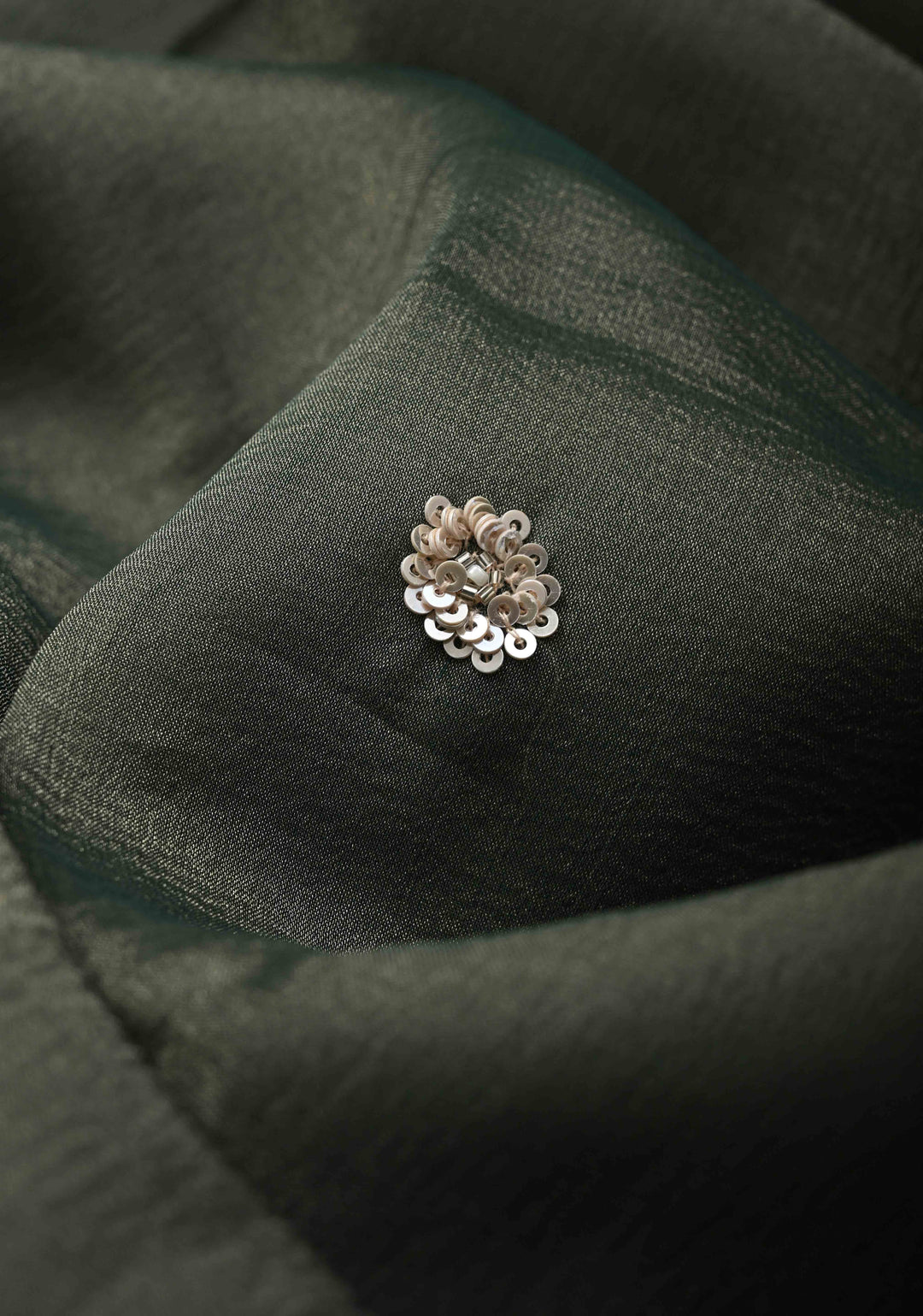 Grayish-Green Shimmer Organza Saree with Sequins, Cutdana Work and Scallop Border