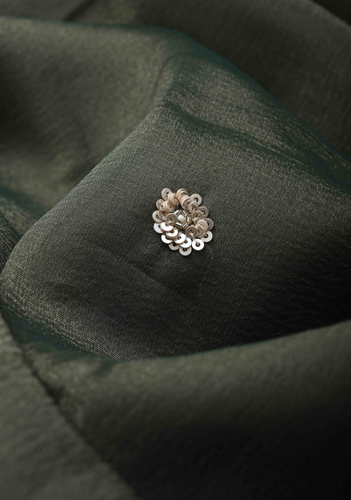 Grayish-Green Shimmer Organza Saree with Sequins, Cutdana Work and Scallop Border